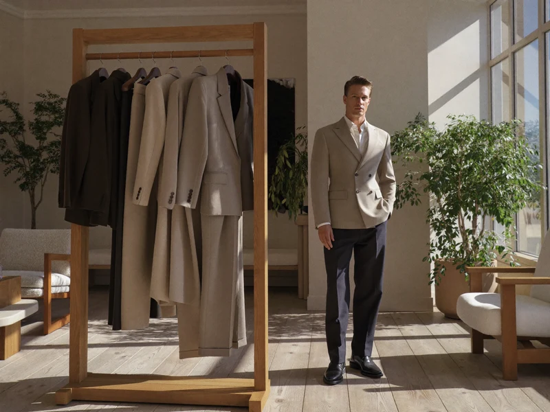 Helle, minimalistische Herrenboutique mit Kleiderstange und Pflanzen am Fenster, als Illustration